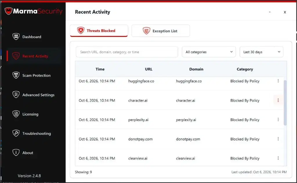 Marma Security Desktop Agent - Policy Enforcement & Threats Blocked